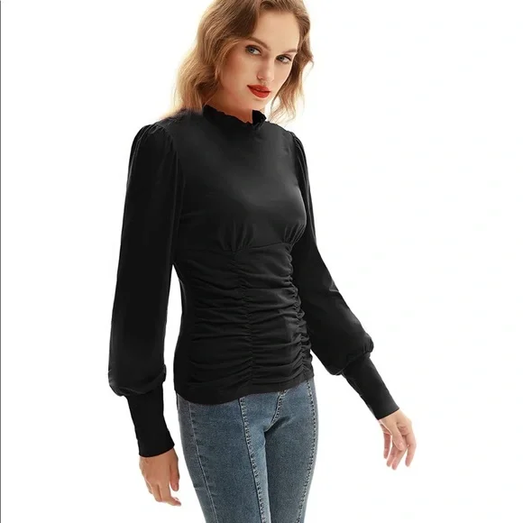 NWT Mock neck lantern sleeve ruched top blouse - Picture 2 of 8